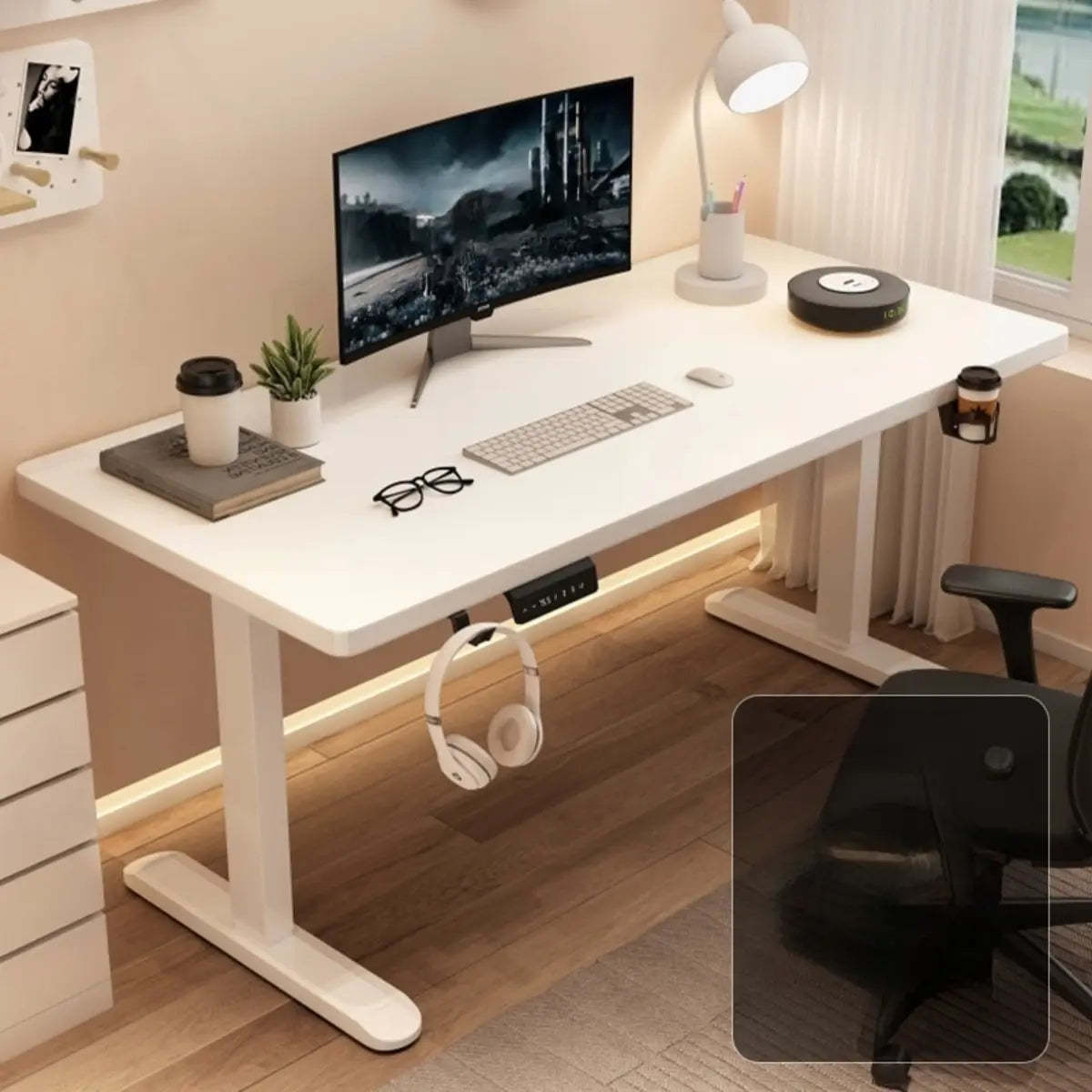 Height-Adjustable Walnut Wood T-Shape Standing Desk — Without Chairs / Walnut/ White