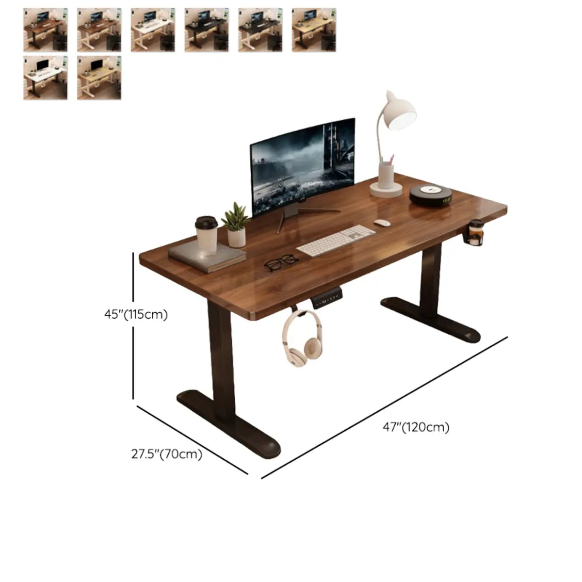 Height-Adjustable Walnut Wood T-Shape Standing Desk — Without Chairs / Black-Black