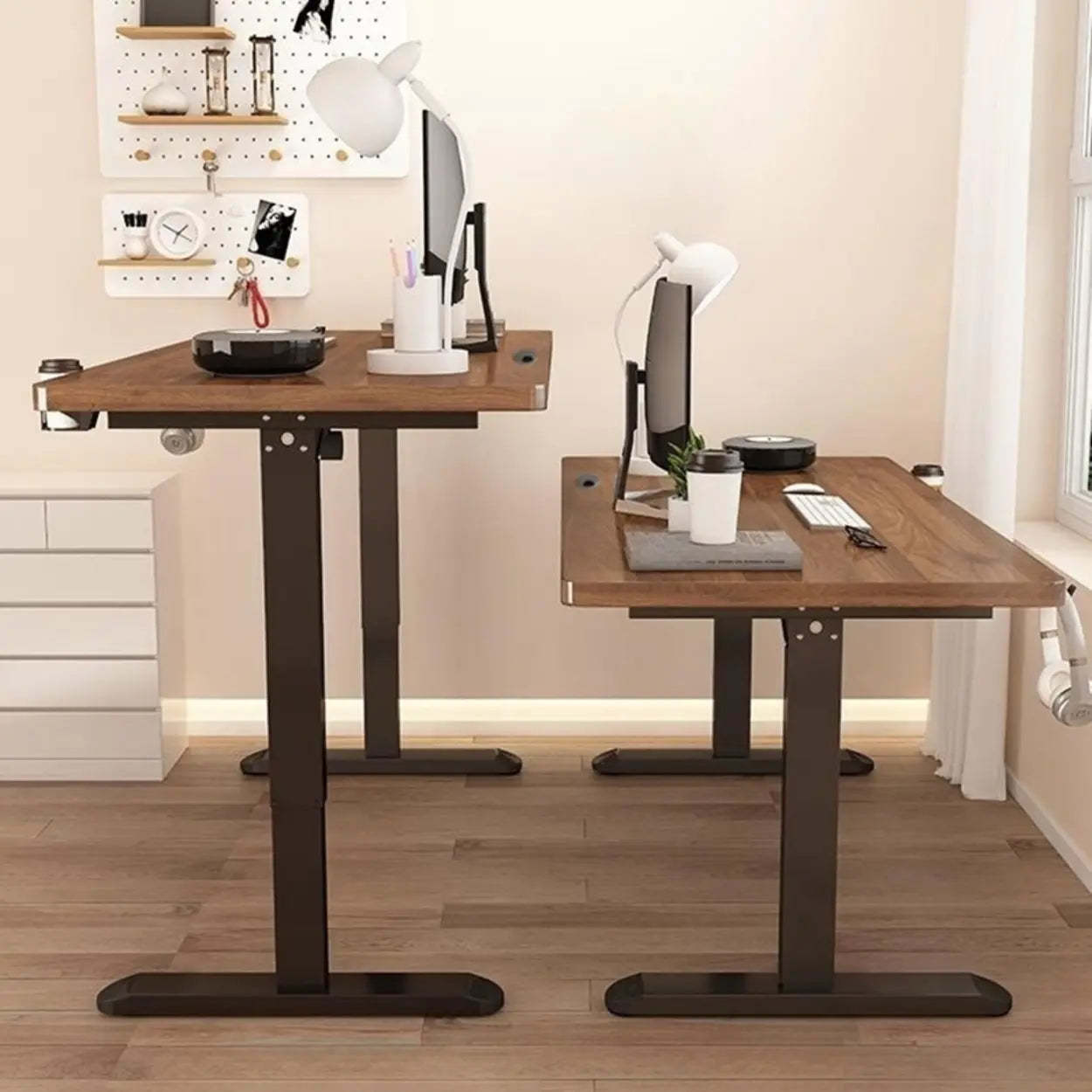 Height-Adjustable Walnut Wood T-Shape Standing Desk — Without Chairs / Black-Black