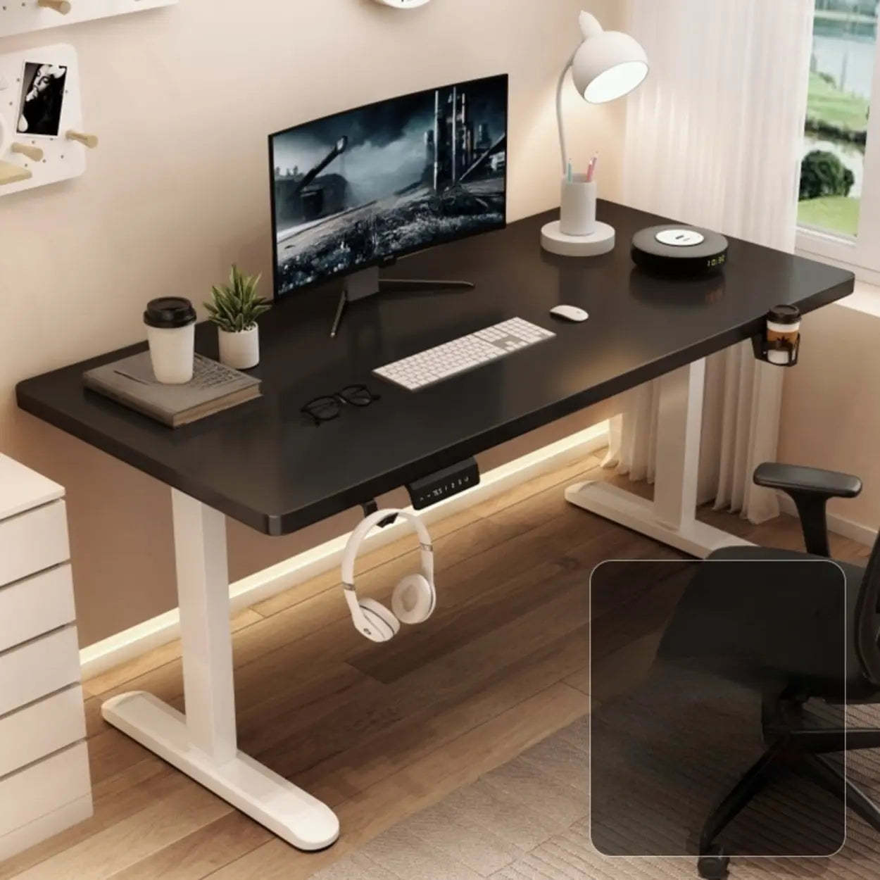 Height-Adjustable Walnut Wood T-Shape Standing Desk — Without Chairs / Black-White