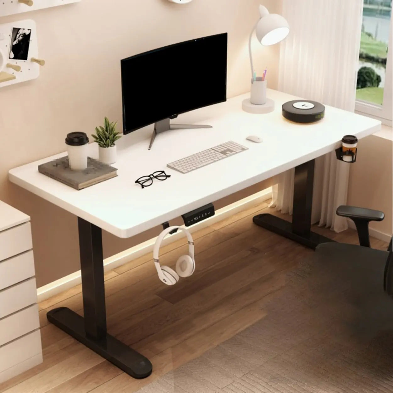 Height-Adjustable Walnut Wood T-Shape Standing Desk — Without Chairs / Natural/ White