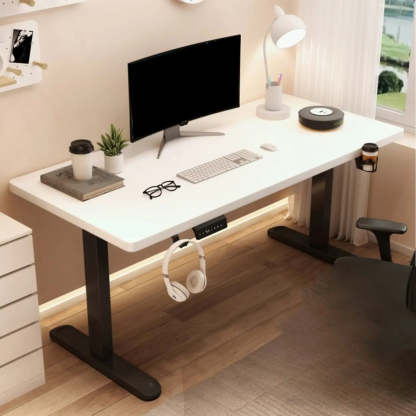 Height-Adjustable Walnut Wood T-Shape Standing Desk — Without Chairs / Natural/ White