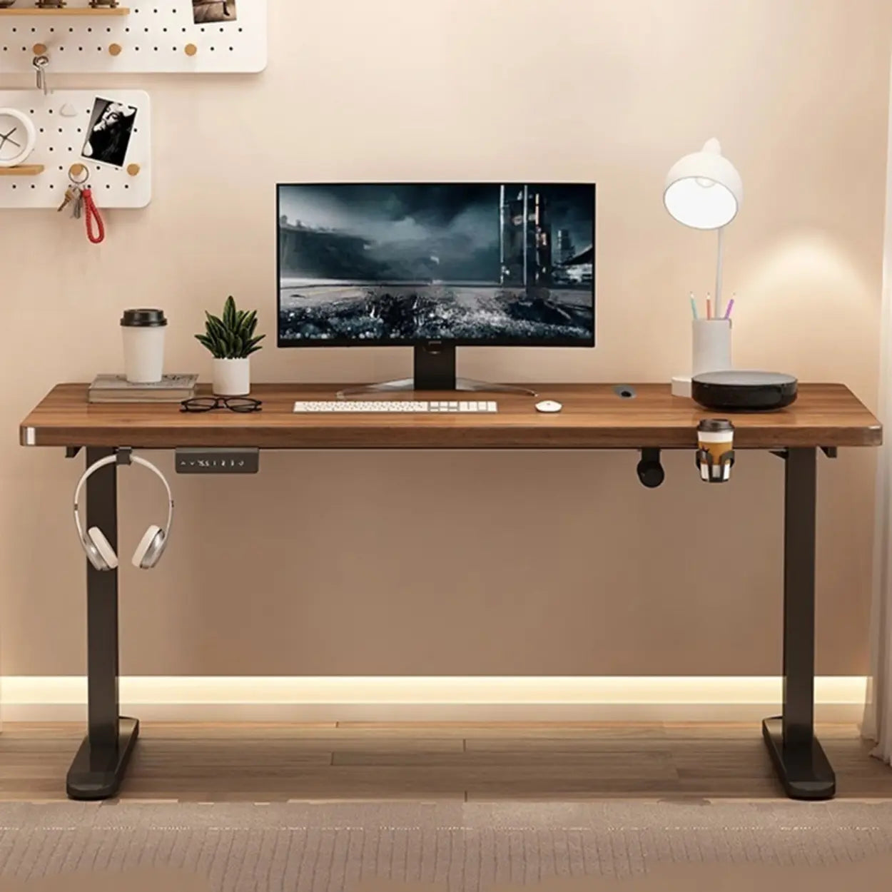 Height-Adjustable Walnut Wood T-Shape Standing Desk — Without Chairs / Walnut/ Black