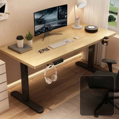 Height-Adjustable Walnut Wood T-Shape Standing Desk — Without Chairs / Walnut/ White