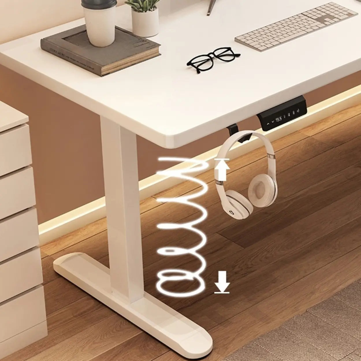 Height-Adjustable Walnut Wood T-Shape Standing Desk — Without Chairs / White-Black