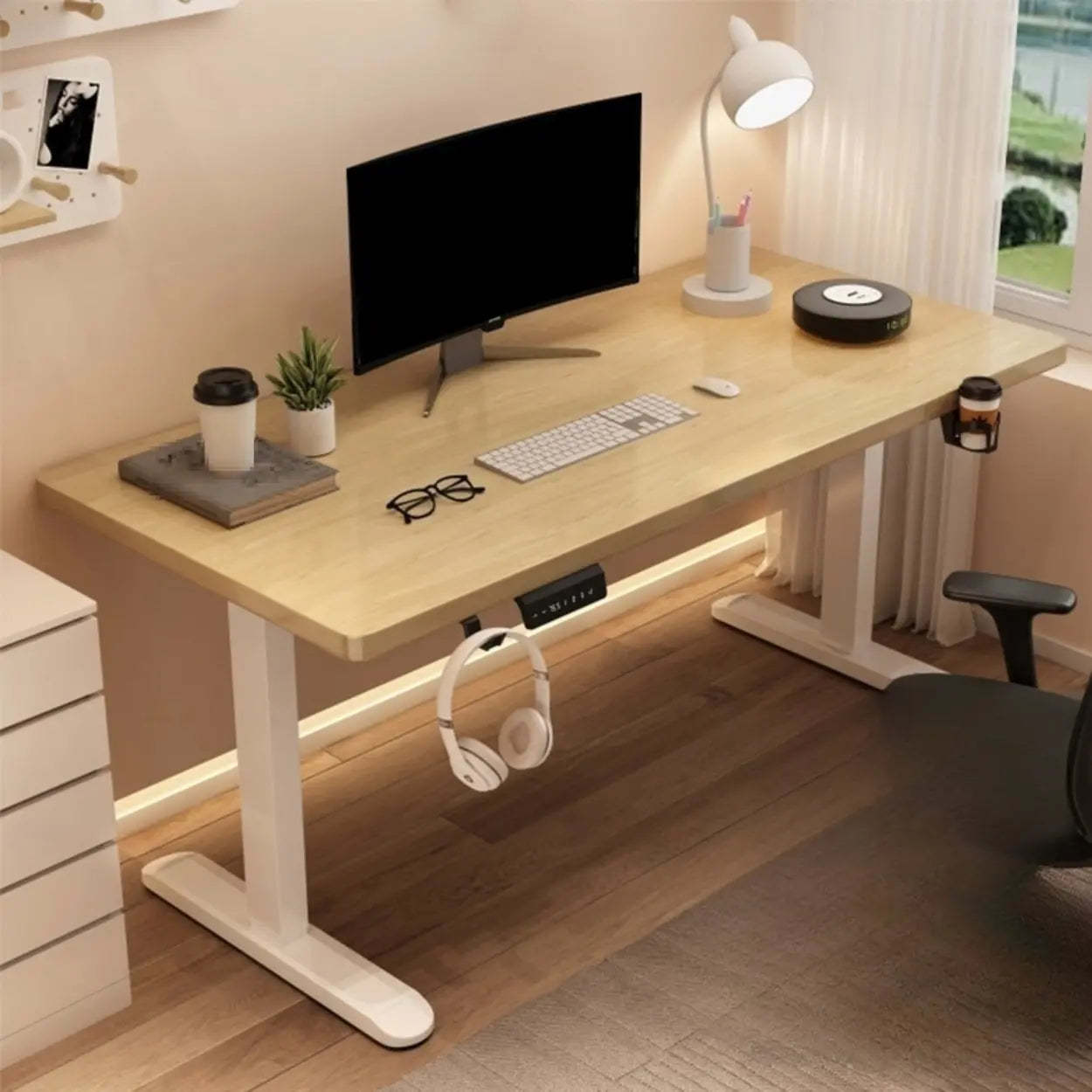 Height-Adjustable Walnut Wood T-Shape Standing Desk — Without Chairs / White-White