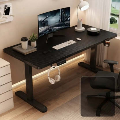 Height-Adjustable Walnut Wood T-Shape Standing Desk — Without Chairs / Black-Black