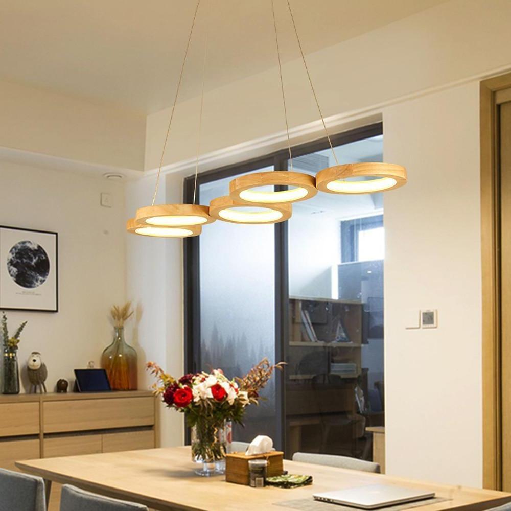 Rustic 4-Circle Wood LED Modern Island Pendant Chandelier