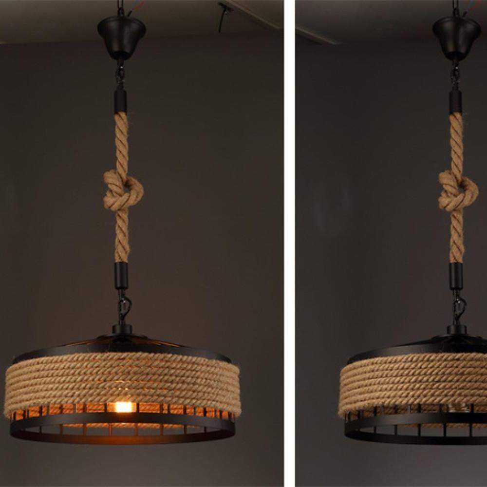 Brass metal rope-wrapped circular pendant lighting - leather — Cool White (6000K)