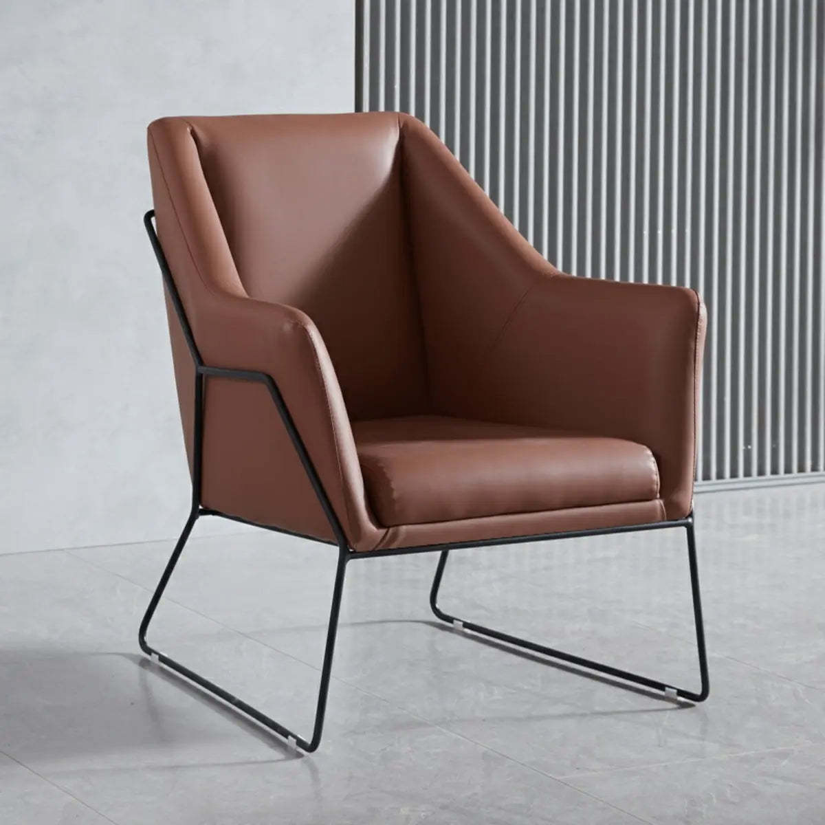 High-Back Leather Sloped Arm Sled Chair — Dark Blue / Leather