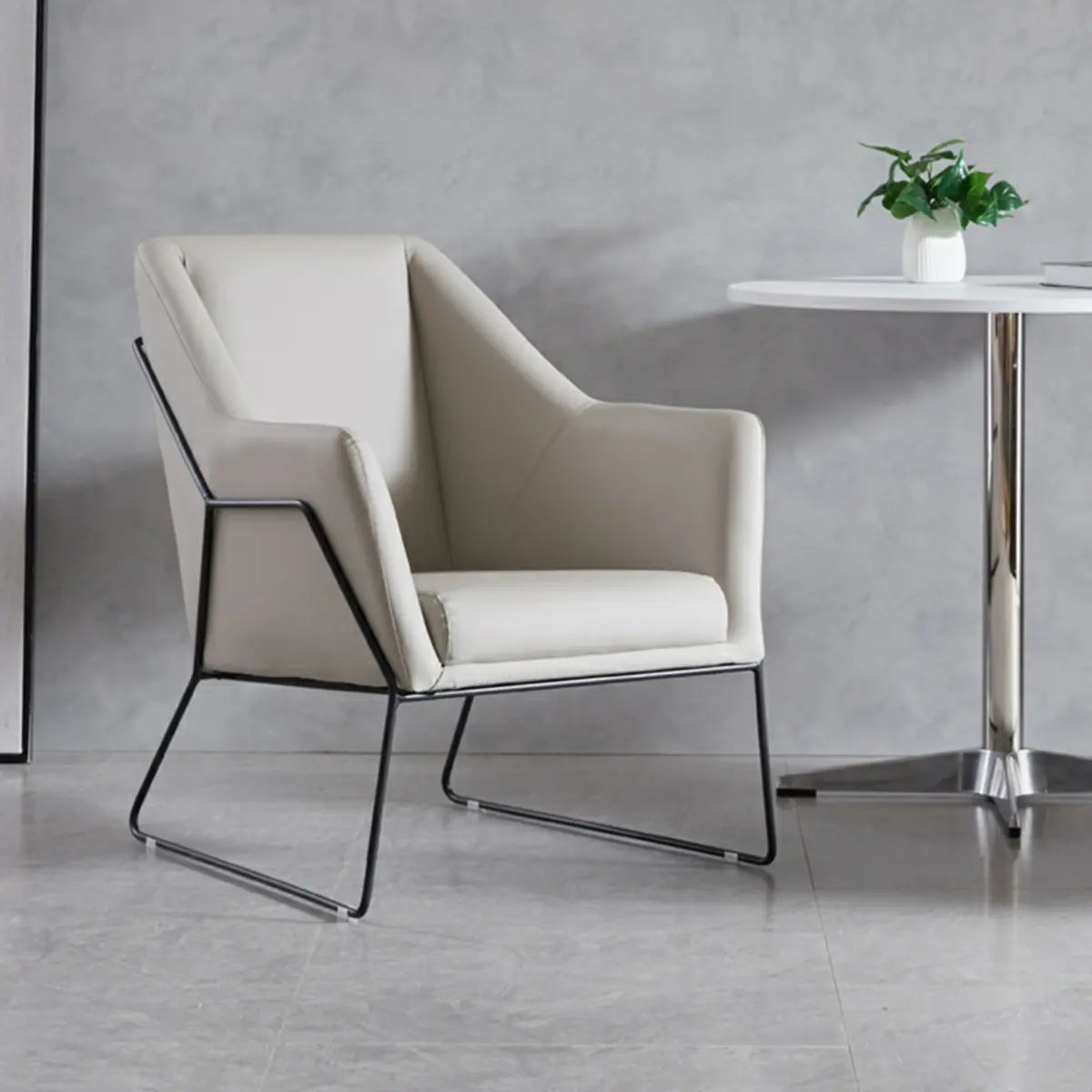 High-Back Leather Sloped Arm Sled Chair — Green / Linen