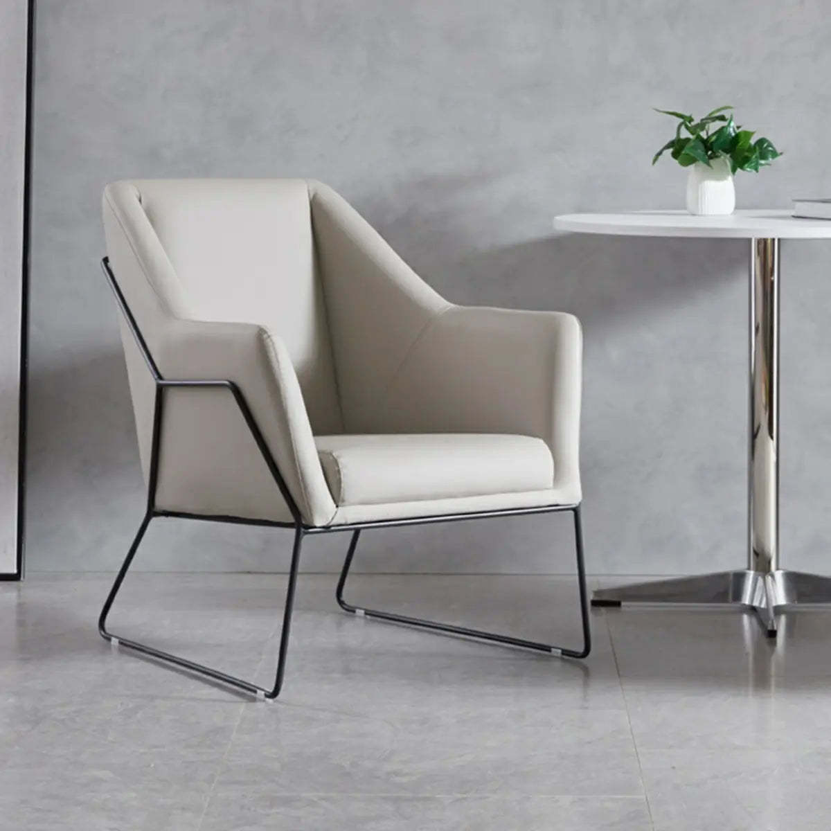 High-Back Leather Sloped Arm Sled Chair — Green / Linen
