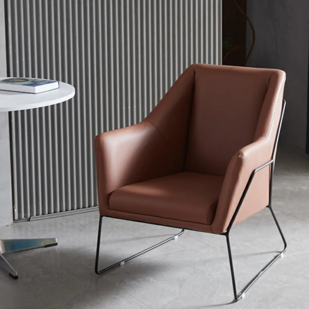 High-Back Leather Sloped Arm Sled Chair — Orange Red / Leather