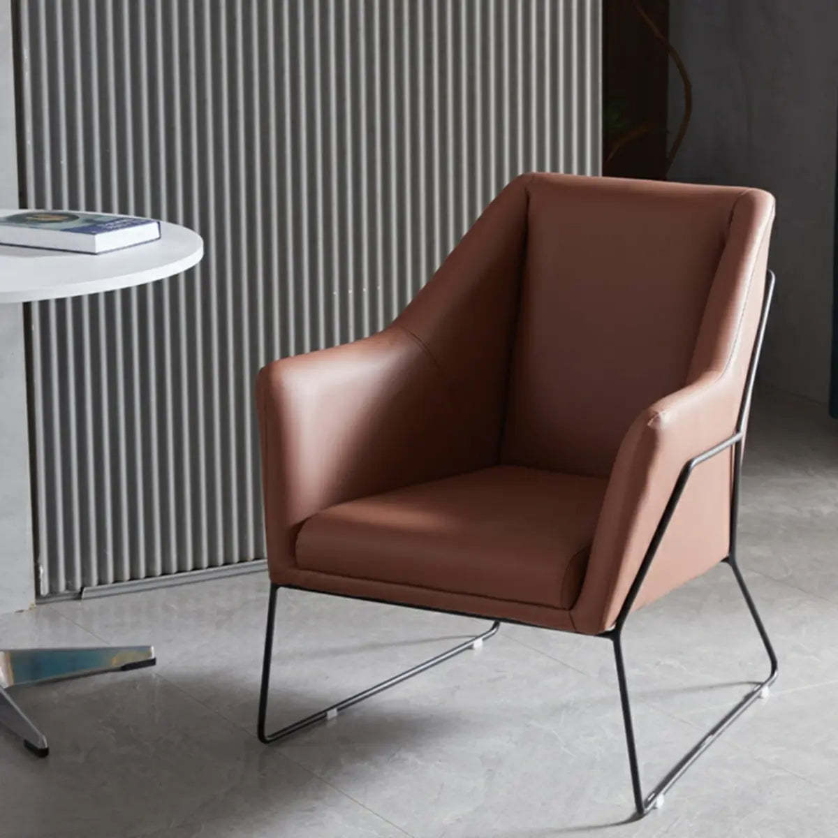 High-Back Leather Sloped Arm Sled Chair — Orange Red / Leather