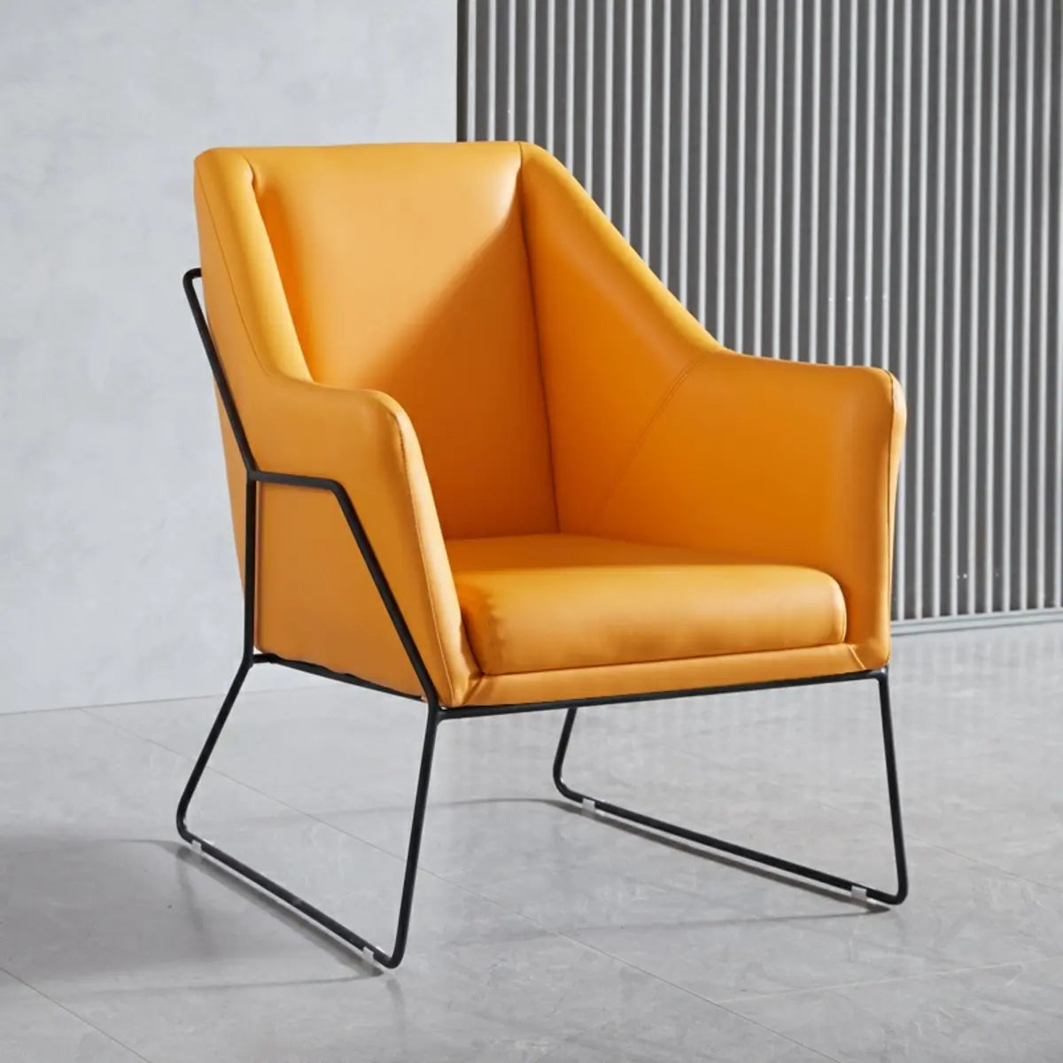 High-Back Leather Sloped Arm Sled Chair — Yellow / Linen