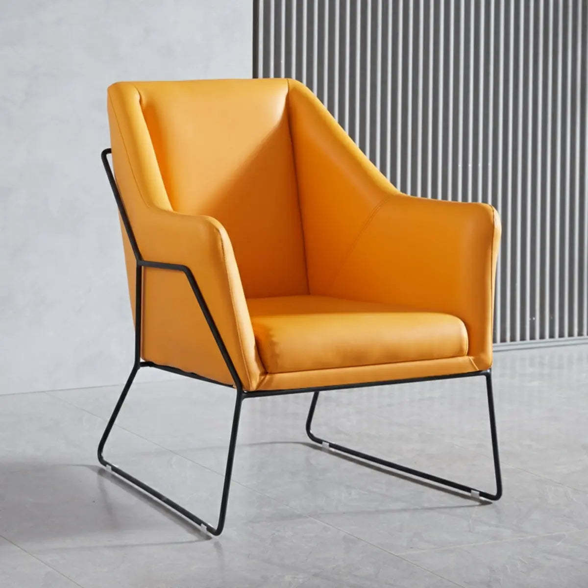 High-Back Leather Sloped Arm Sled Chair — Yellow / Linen