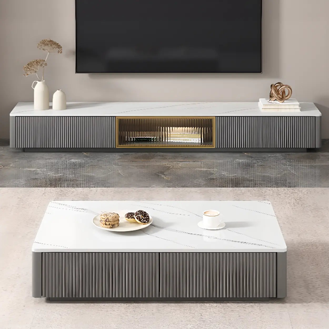 Glossy Gray Stone Rectangle Drawer TV Stand