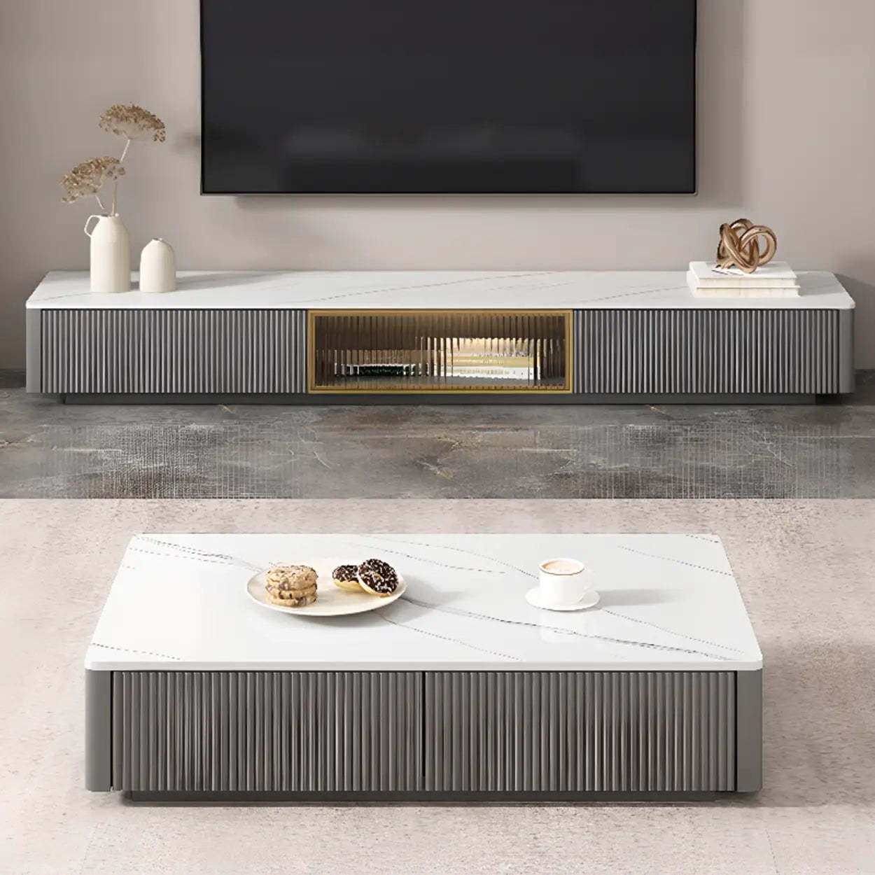 Glossy Gray Stone Rectangle Drawer TV Stand — Gray