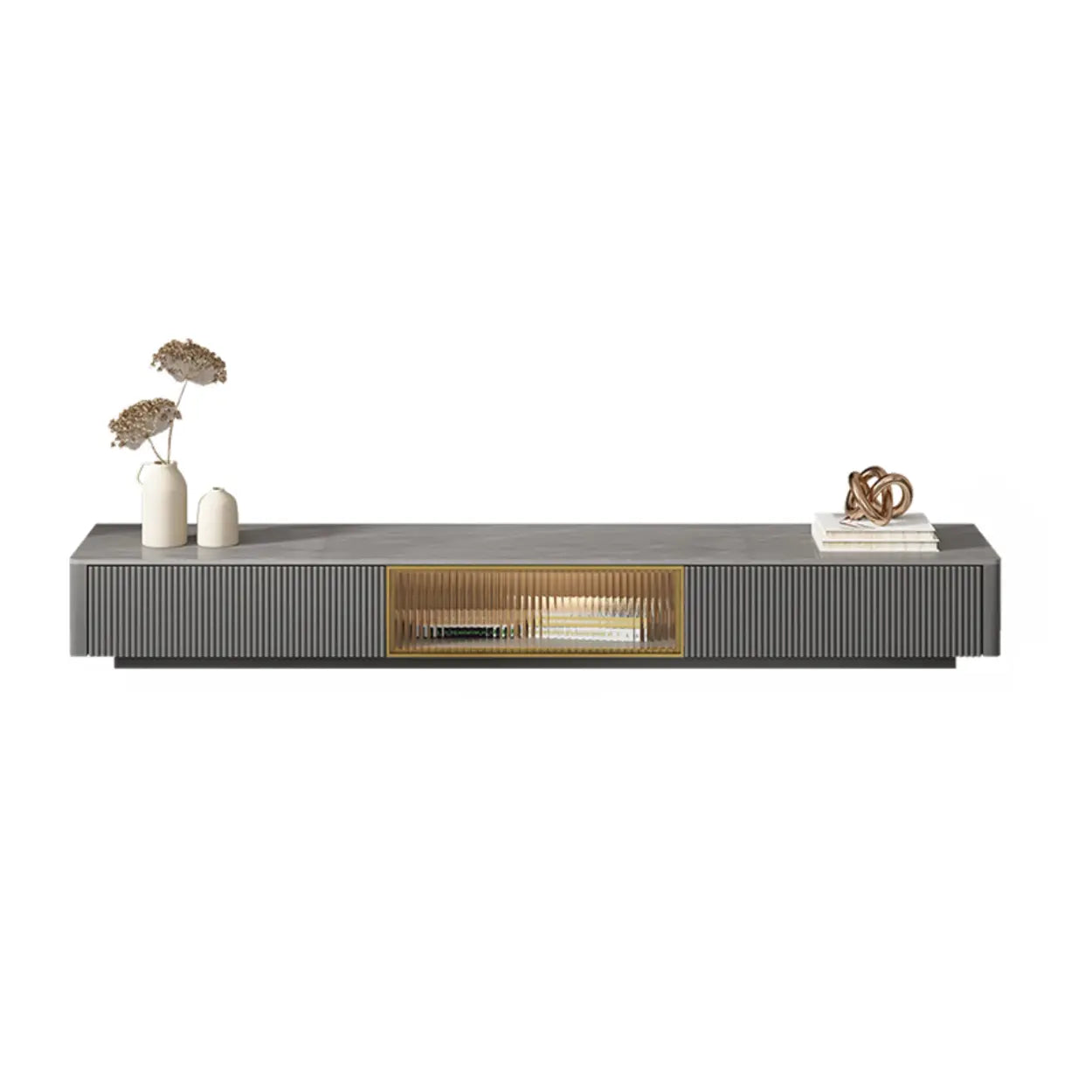 Glossy Gray Stone Rectangle Drawer TV Stand — White