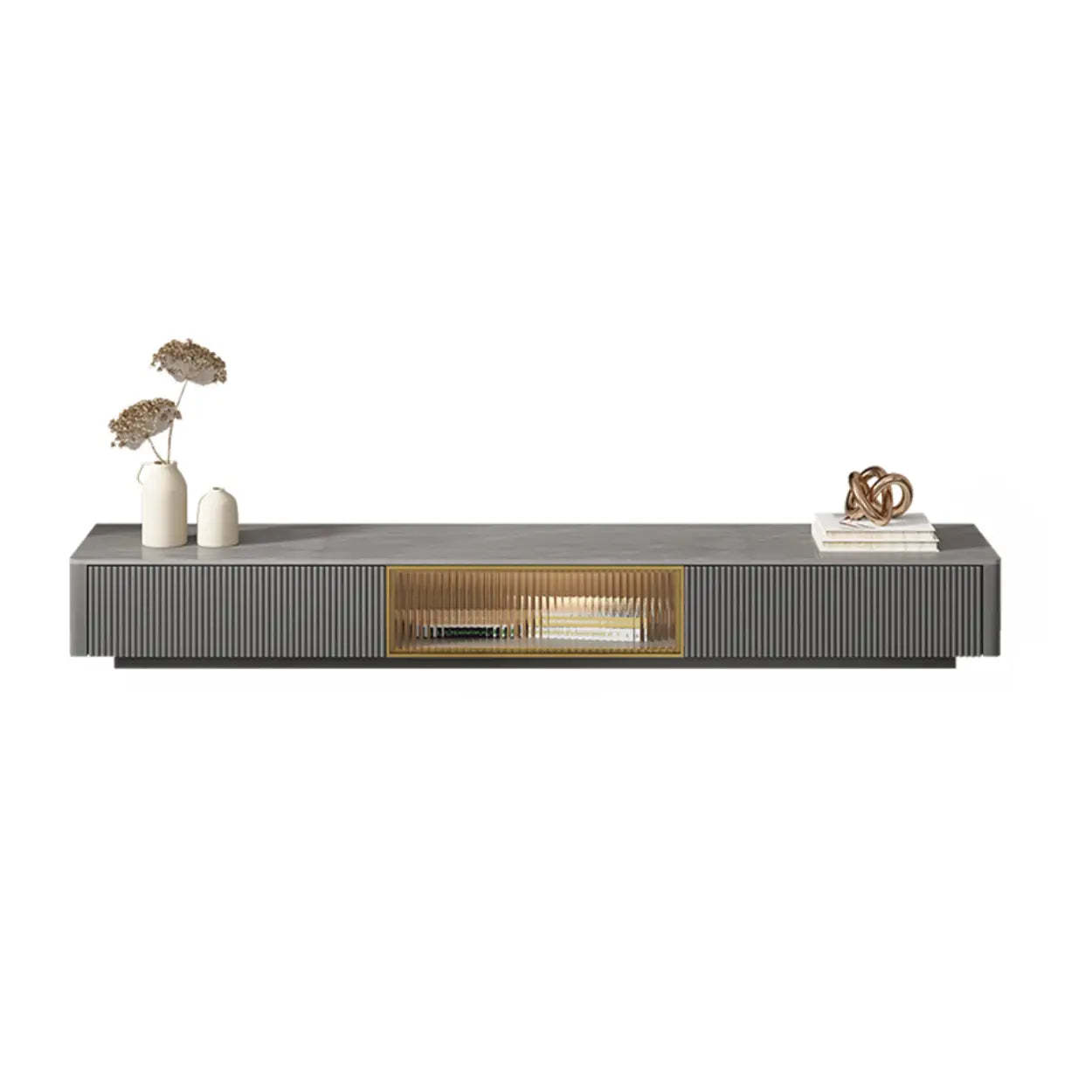 Glossy Gray Stone Rectangle Drawer TV Stand — White