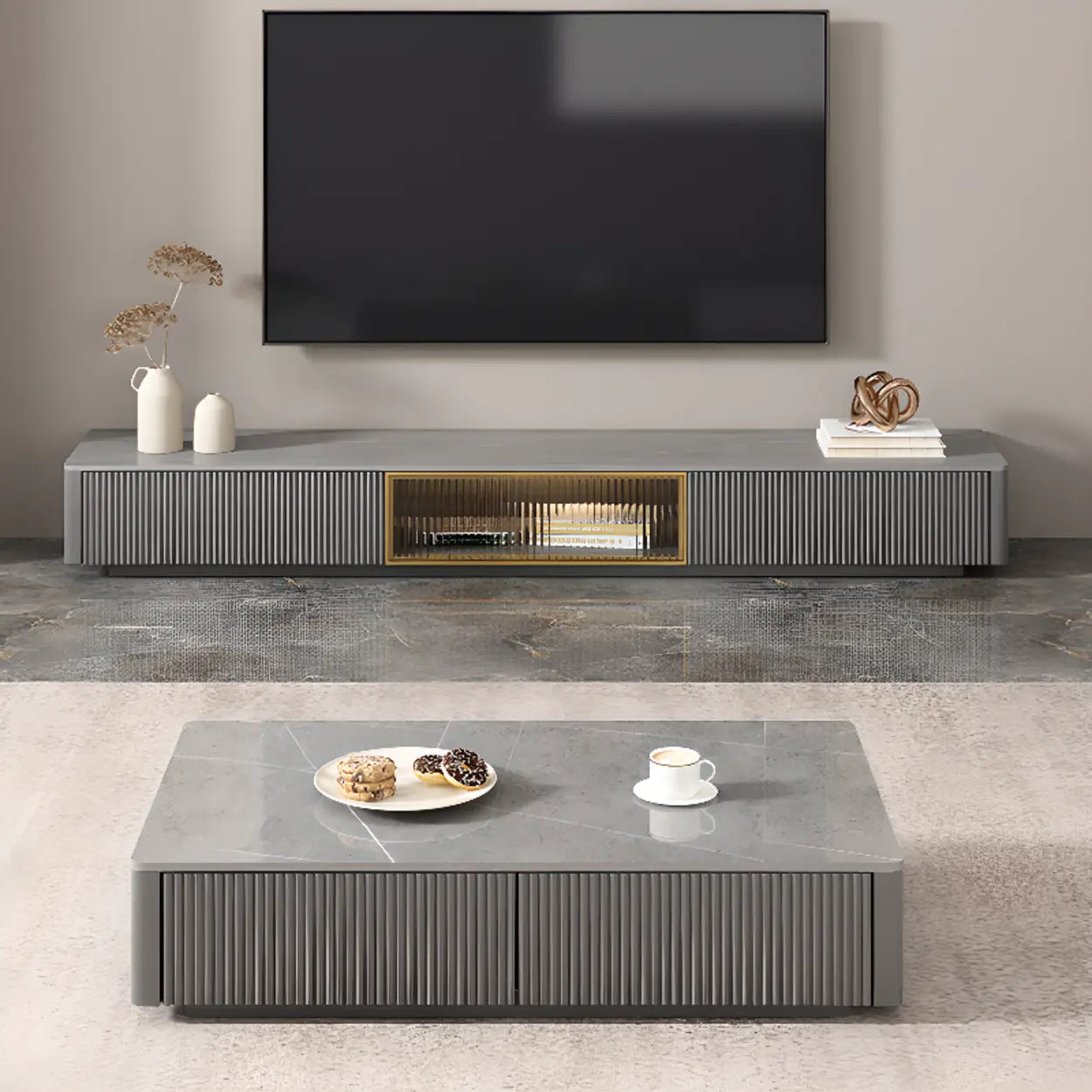 Glossy Gray Stone Rectangle Drawer TV Stand — Gray
