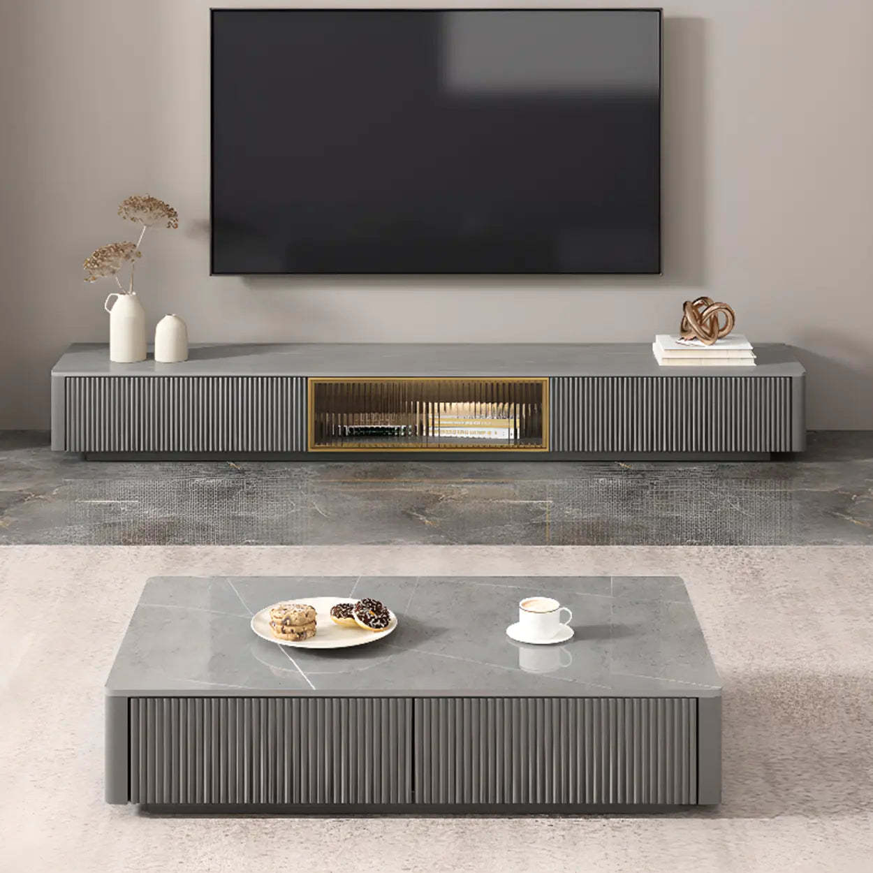 Glossy Gray Stone Rectangle Drawer TV Stand — Gray