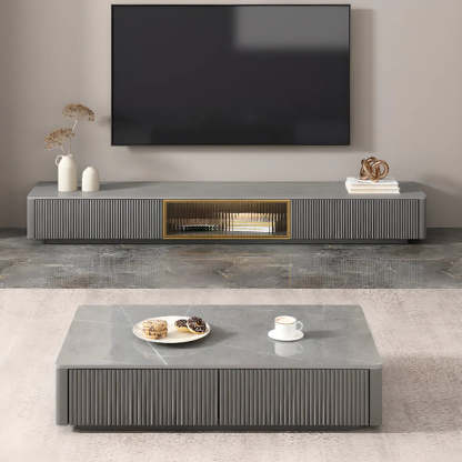 Glossy Gray Stone Rectangle Drawer TV Stand — Gray
