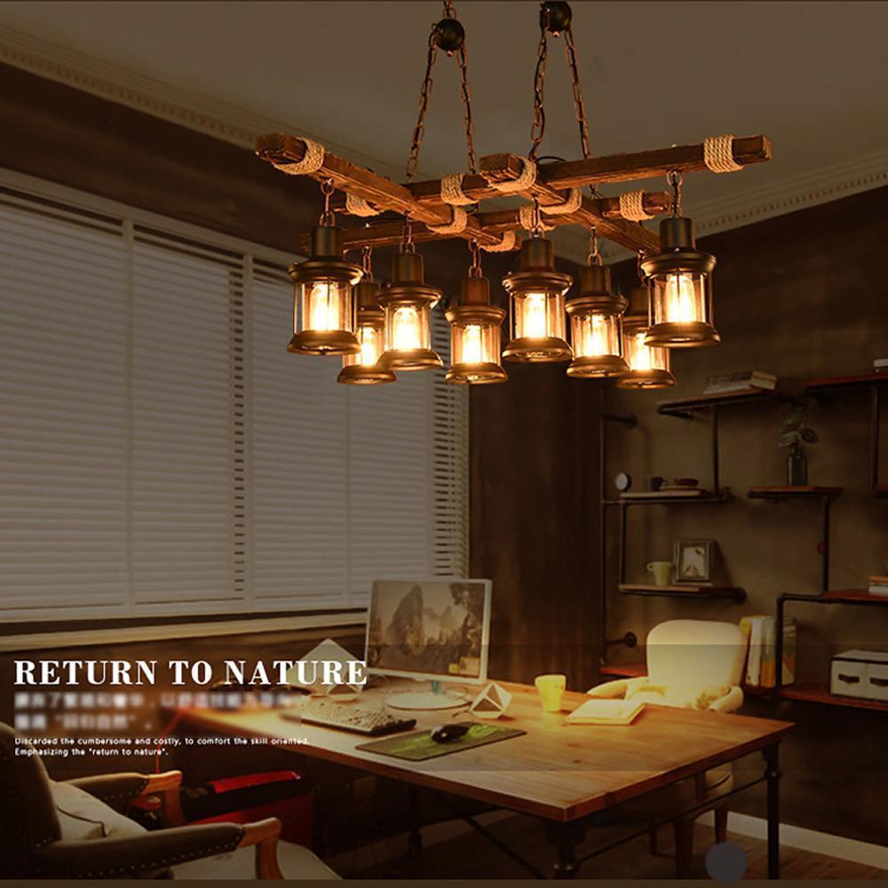 Vintage Wood Glass LED Farmhouse Pendant Chandelier