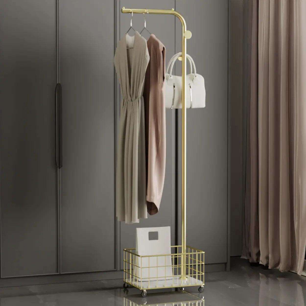 Gold Metal Shelf Coat Rack with Basket Storage