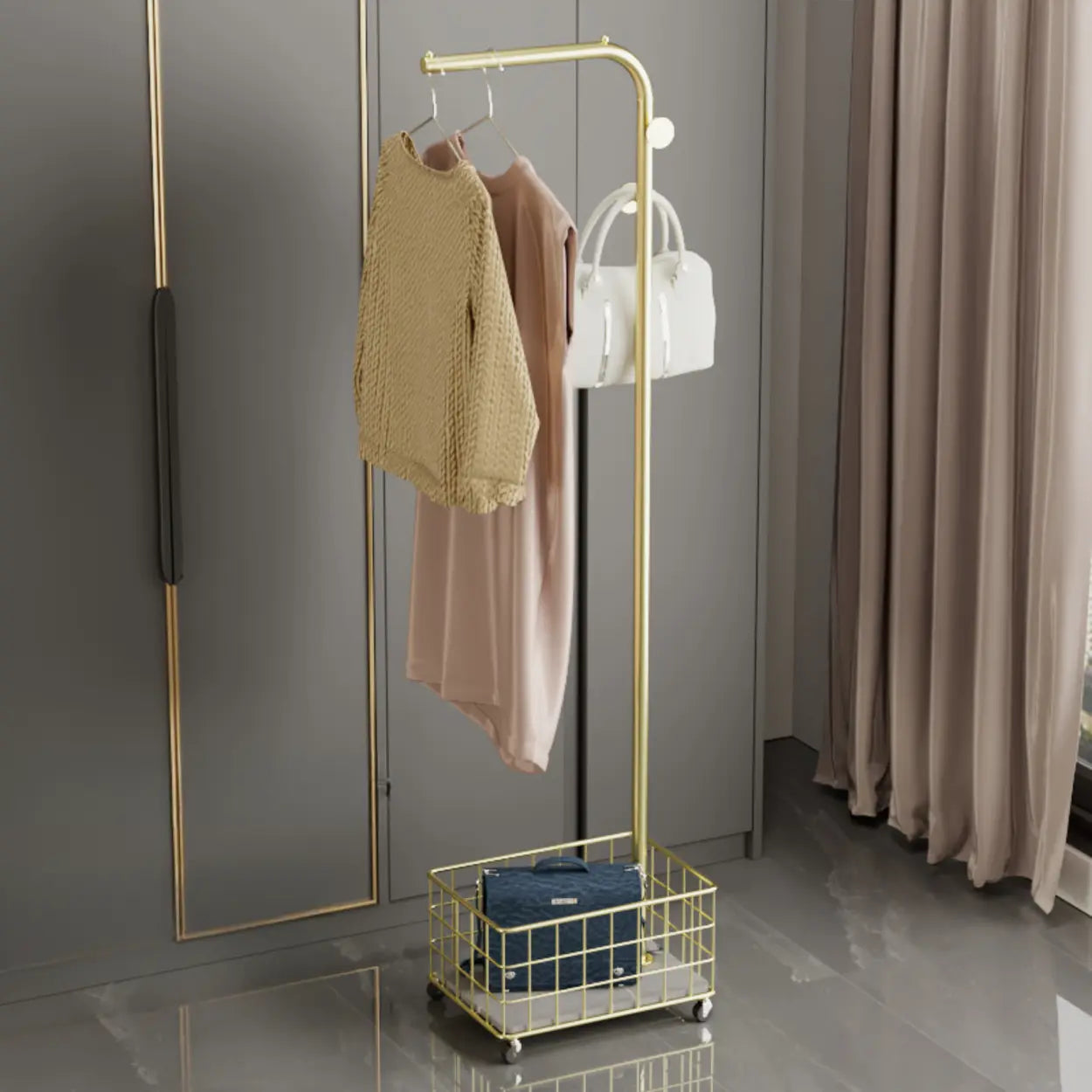 Gold Metal Shelf Coat Rack with Basket Storage