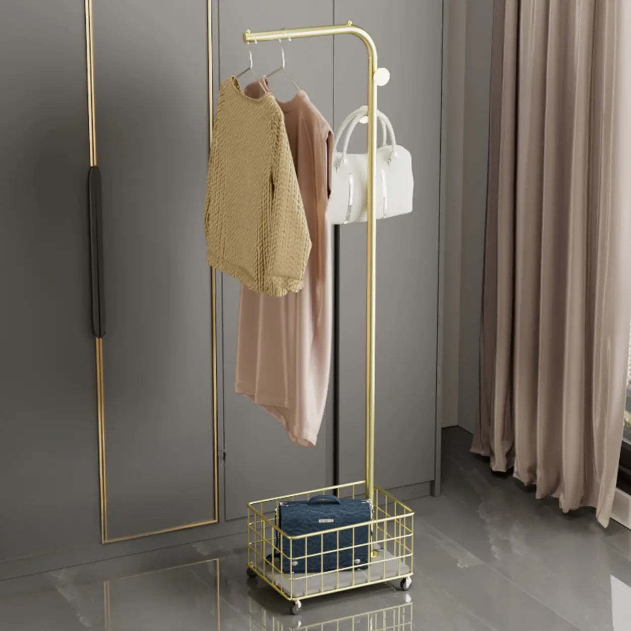 Gold Metal Shelf Coat Rack with Basket Storage