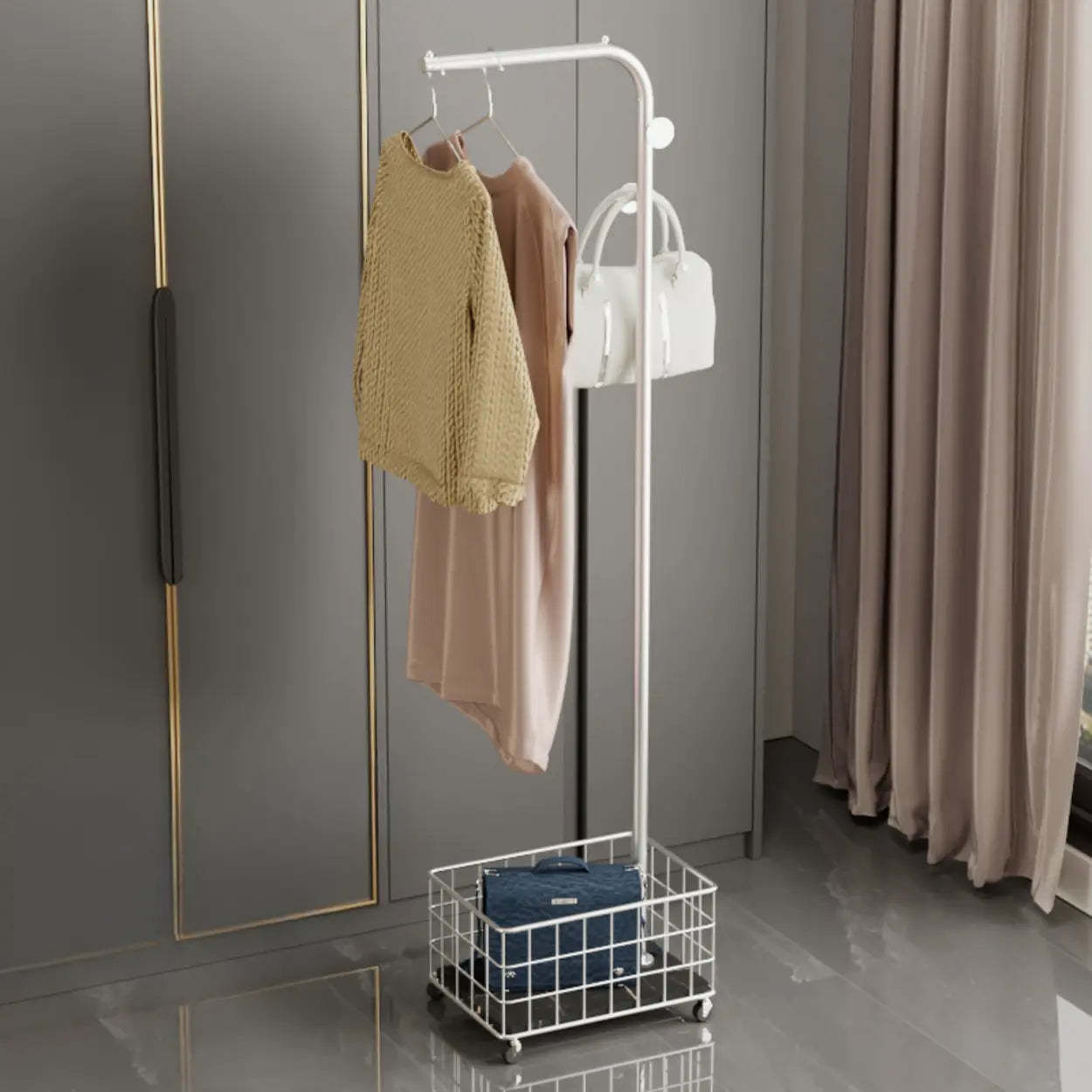 Gold Metal Shelf Coat Rack with Basket Storage