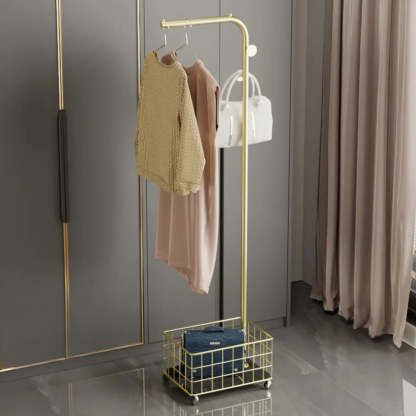 Gold Metal Shelf Coat Rack with Basket Storage