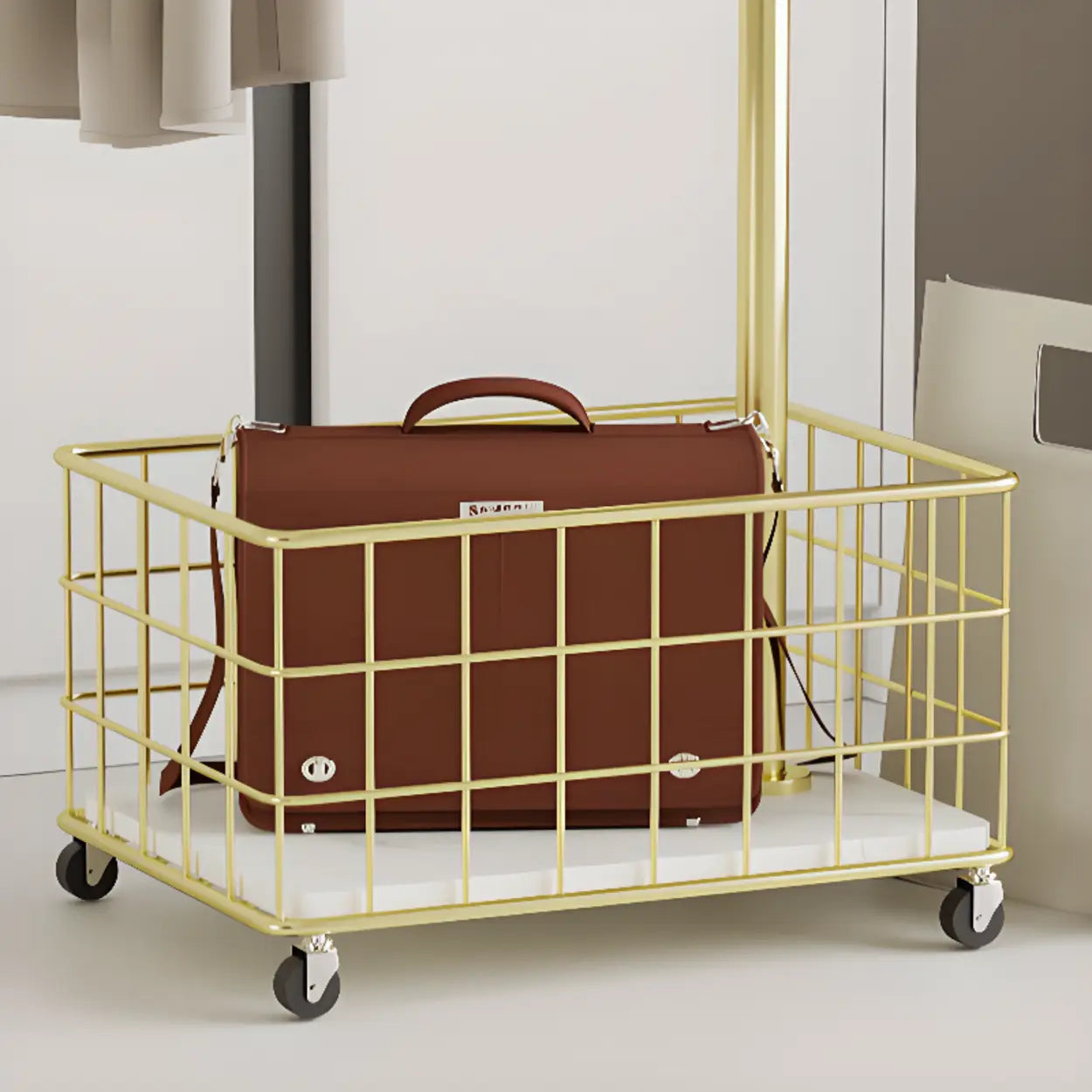 Gold Metal Shelf Coat Rack with Basket Storage — Silver/ White