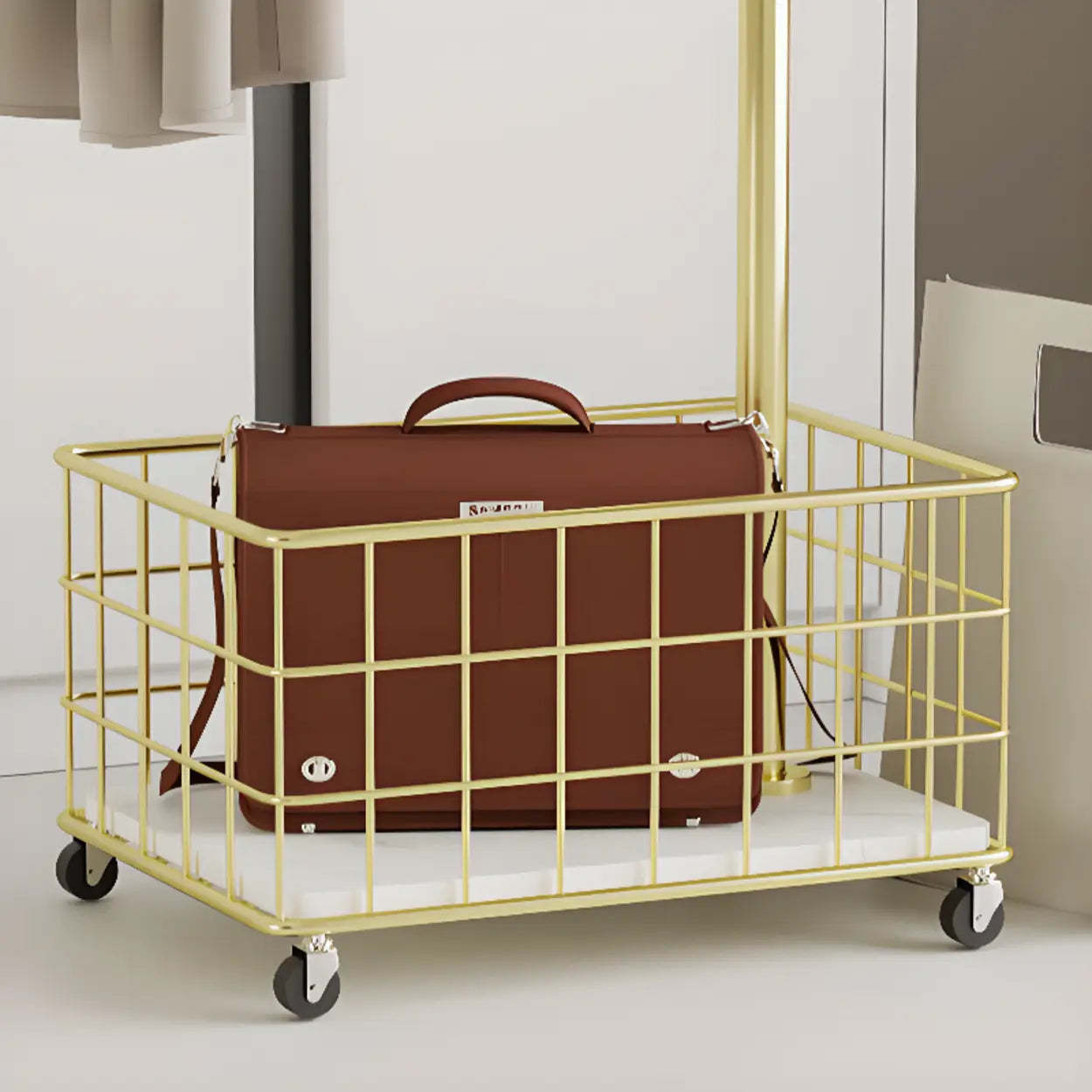 Gold Metal Shelf Coat Rack with Basket Storage — Silver/ White