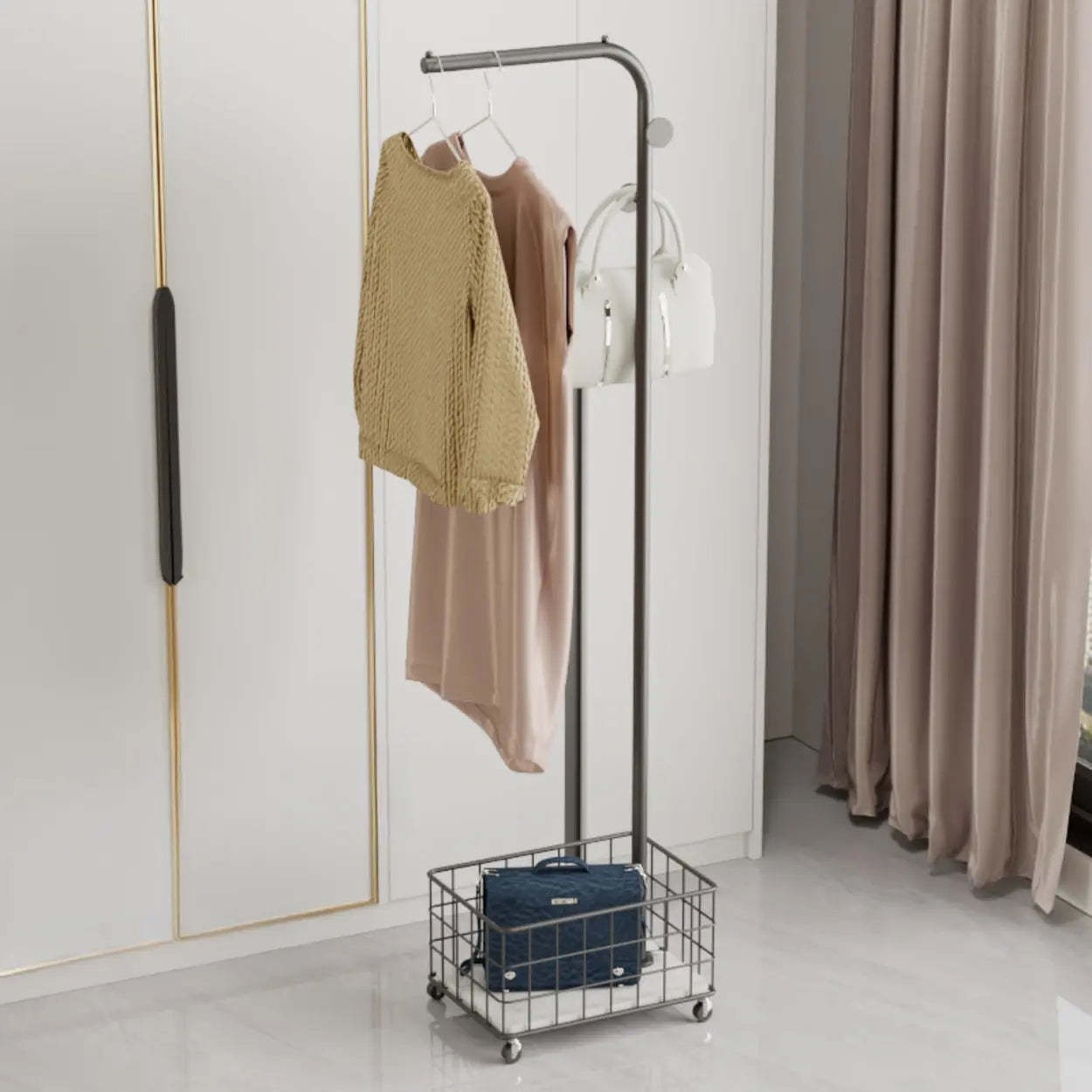 Gold Metal Shelf Coat Rack with Basket Storage