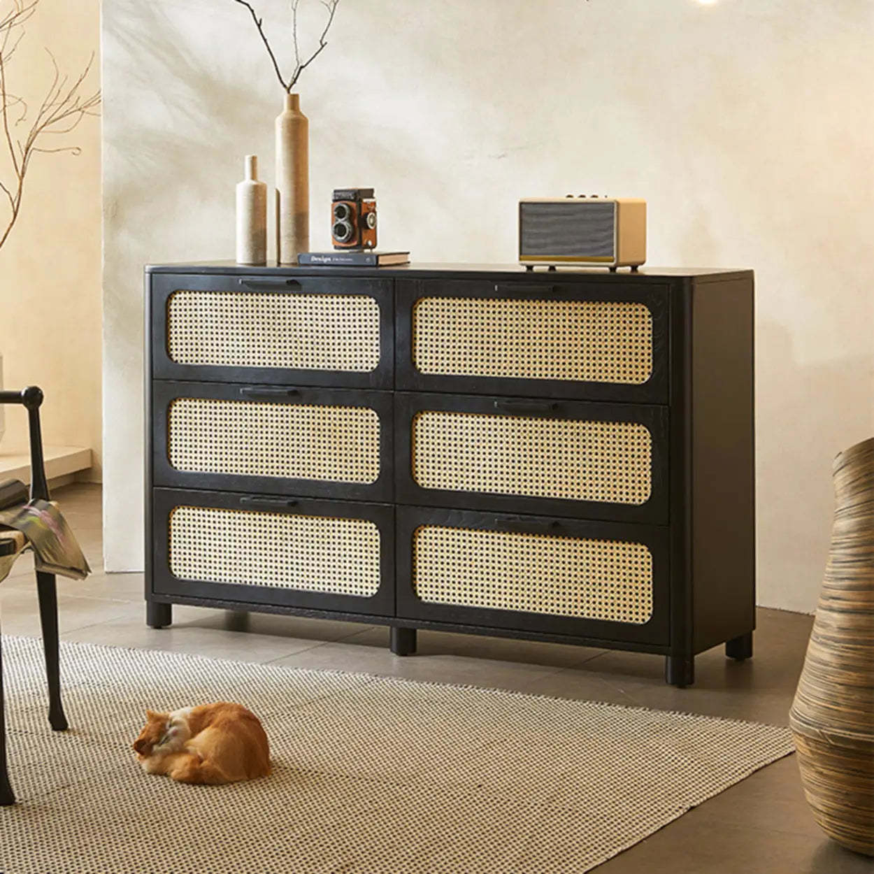 Black Woven Wood Horizontal Double Dresser — Black