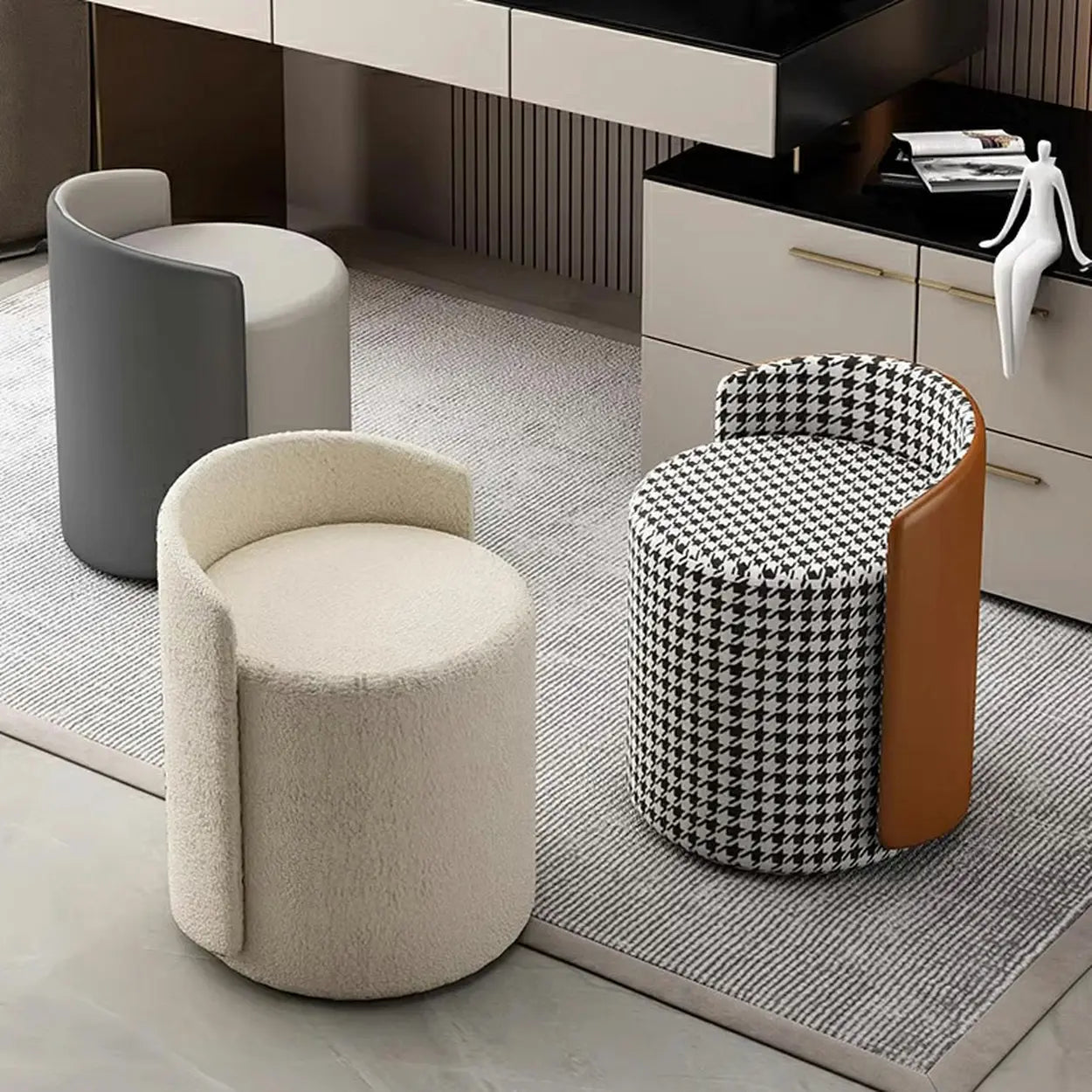 Houndstooth Cylinder Upholstered Vanity Stool