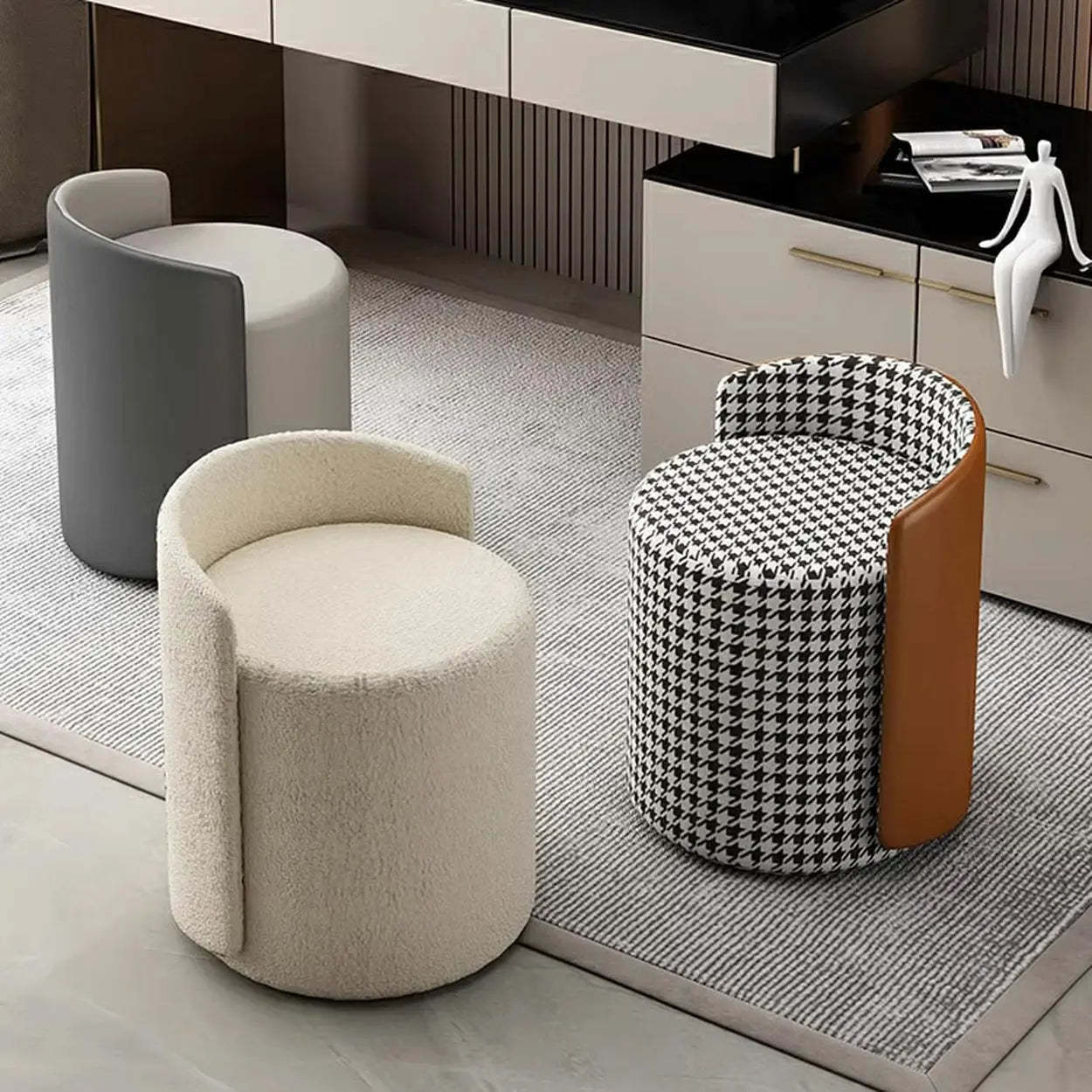 Houndstooth Cylinder Upholstered Vanity Stool — Beige / Leather / Swivel