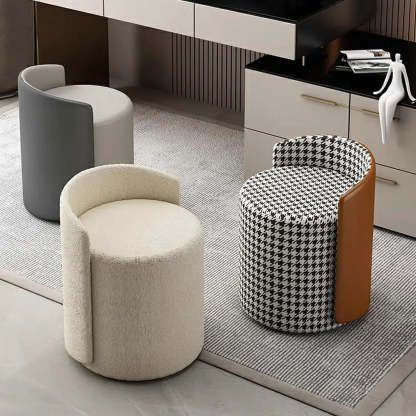 Houndstooth Cylinder Upholstered Vanity Stool — Beige / Leather / Swivel