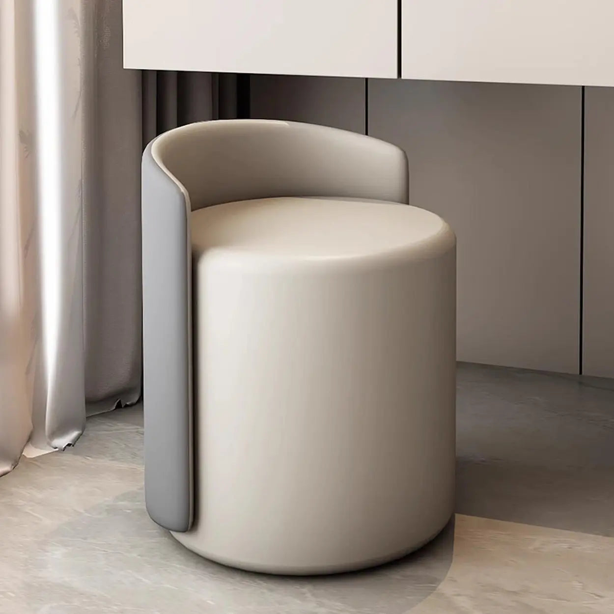 Houndstooth Cylinder Upholstered Vanity Stool — Dark Gray/ Light Gray / Leather / Swivel