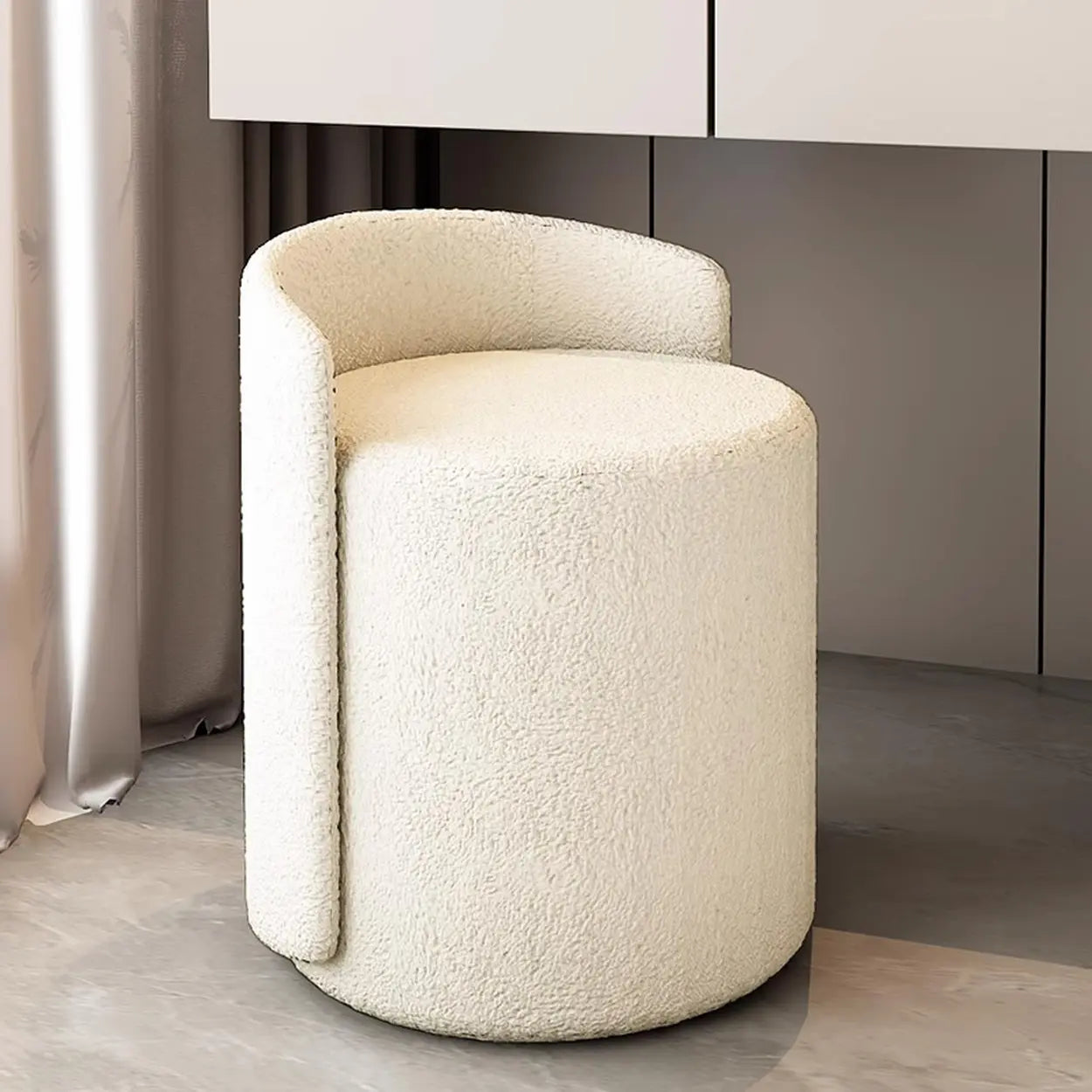 Houndstooth Cylinder Upholstered Vanity Stool — Beige / Leather / Fixed