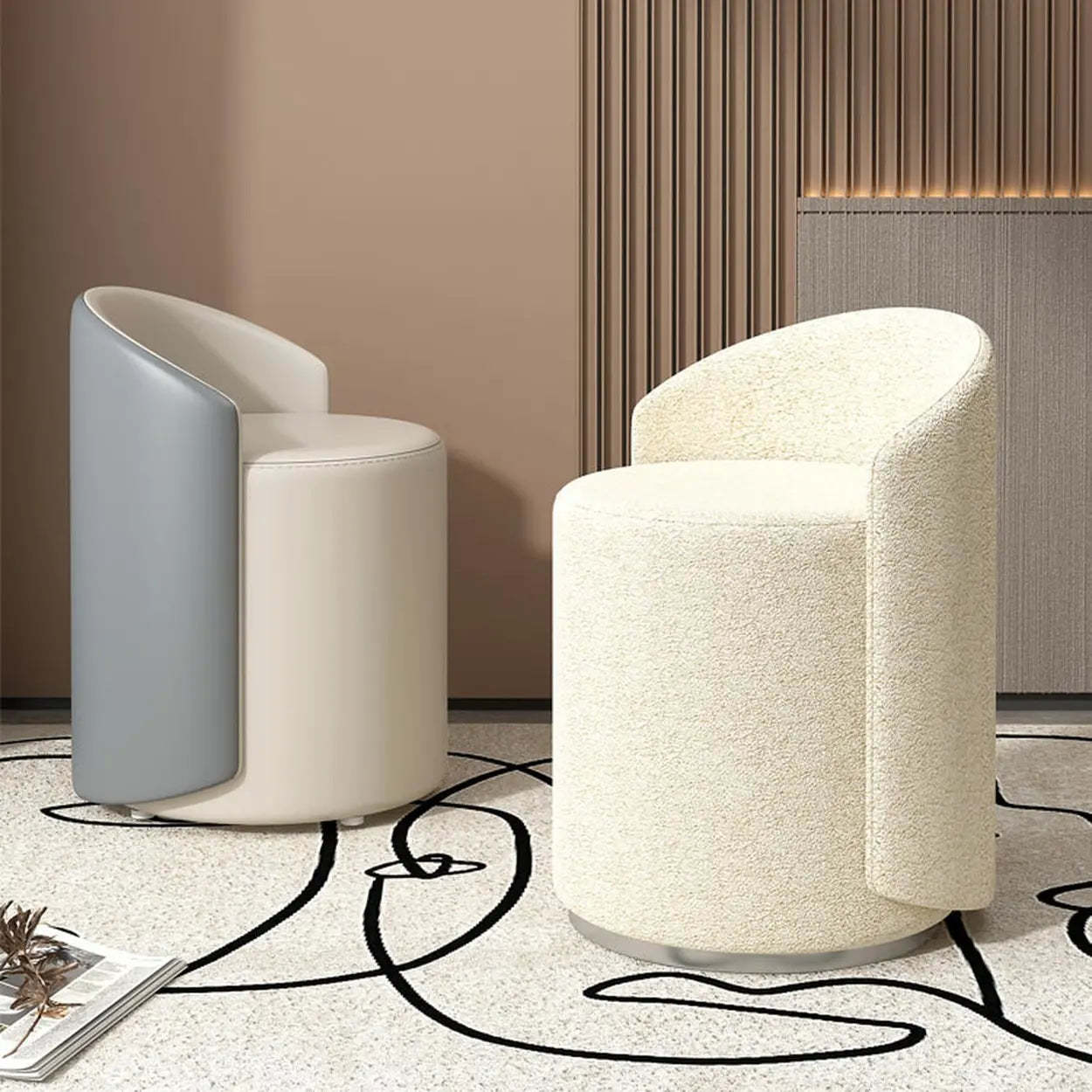 Houndstooth Cylinder Upholstered Vanity Stool — Beige / Sherpa / Fixed