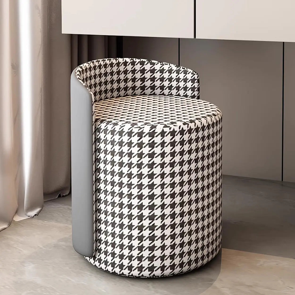 Houndstooth Cylinder Upholstered Vanity Stool — Brown Houndstooth / Leather / Swivel