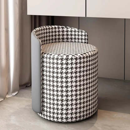 Houndstooth Cylinder Upholstered Vanity Stool — Brown Houndstooth / Leather / Swivel
