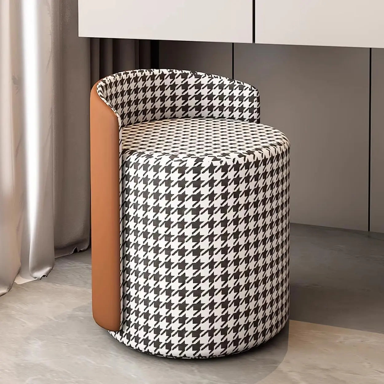 Houndstooth Cylinder Upholstered Vanity Stool — Gray/ Blue / Leather / Swivel