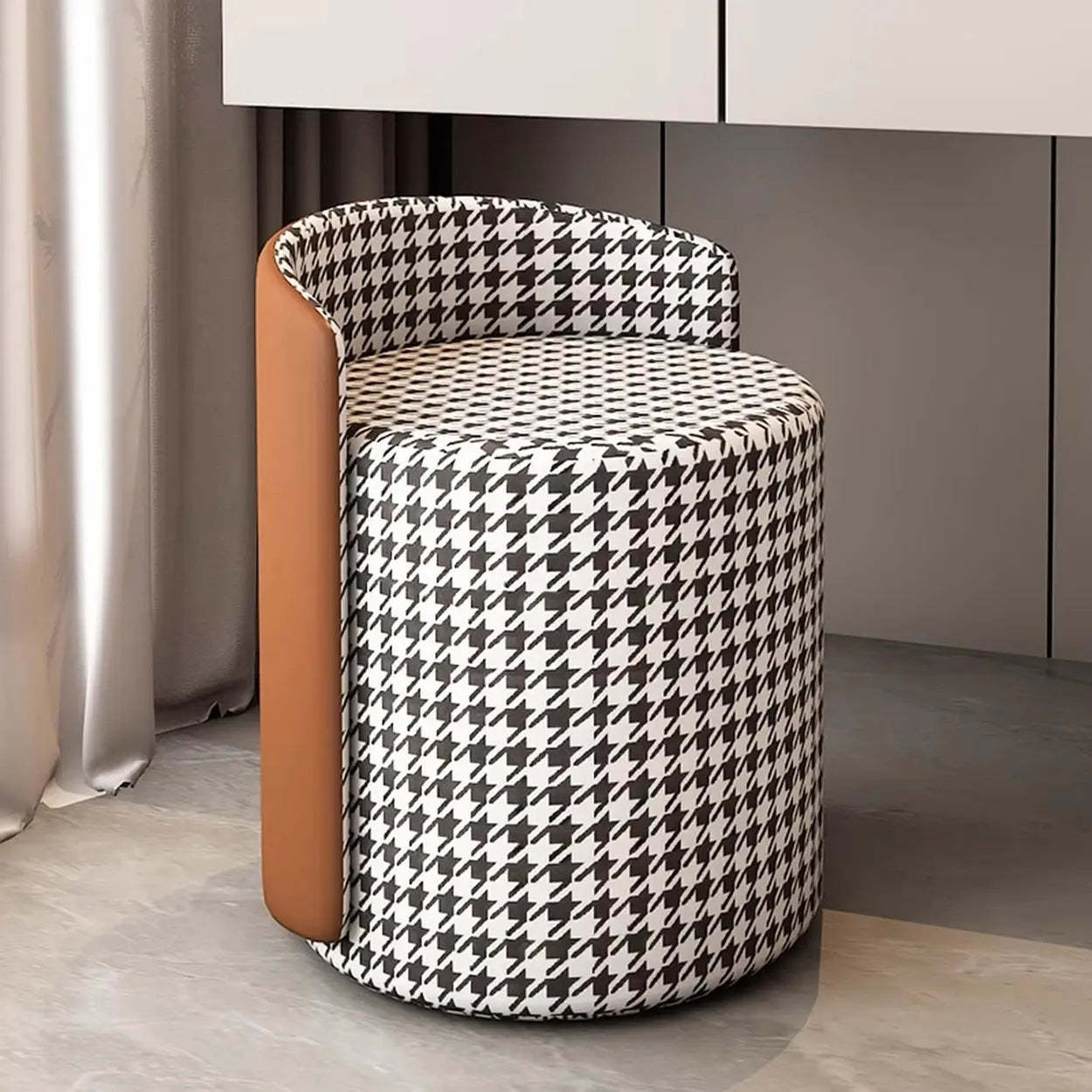 Houndstooth Cylinder Upholstered Vanity Stool — Gray/ Blue / Leather / Swivel