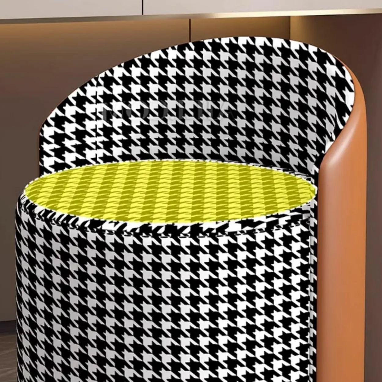 Houndstooth Cylinder Upholstered Vanity Stool — Gray/ Blue / Leather / Fixed