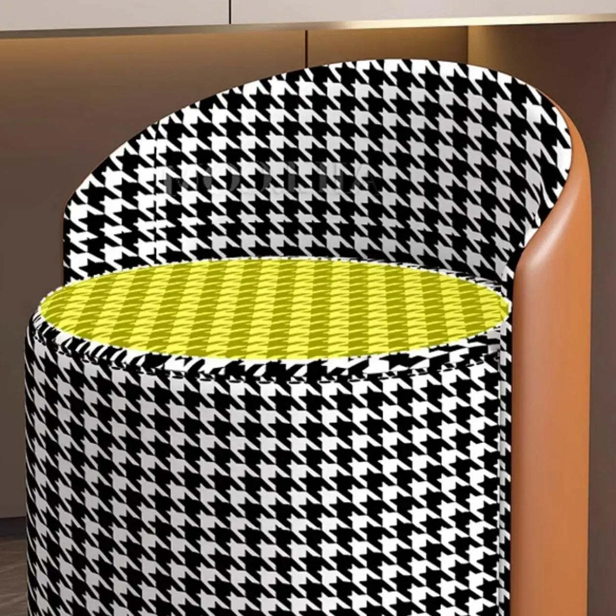 Houndstooth Cylinder Upholstered Vanity Stool — Gray/ Blue / Leather / Fixed