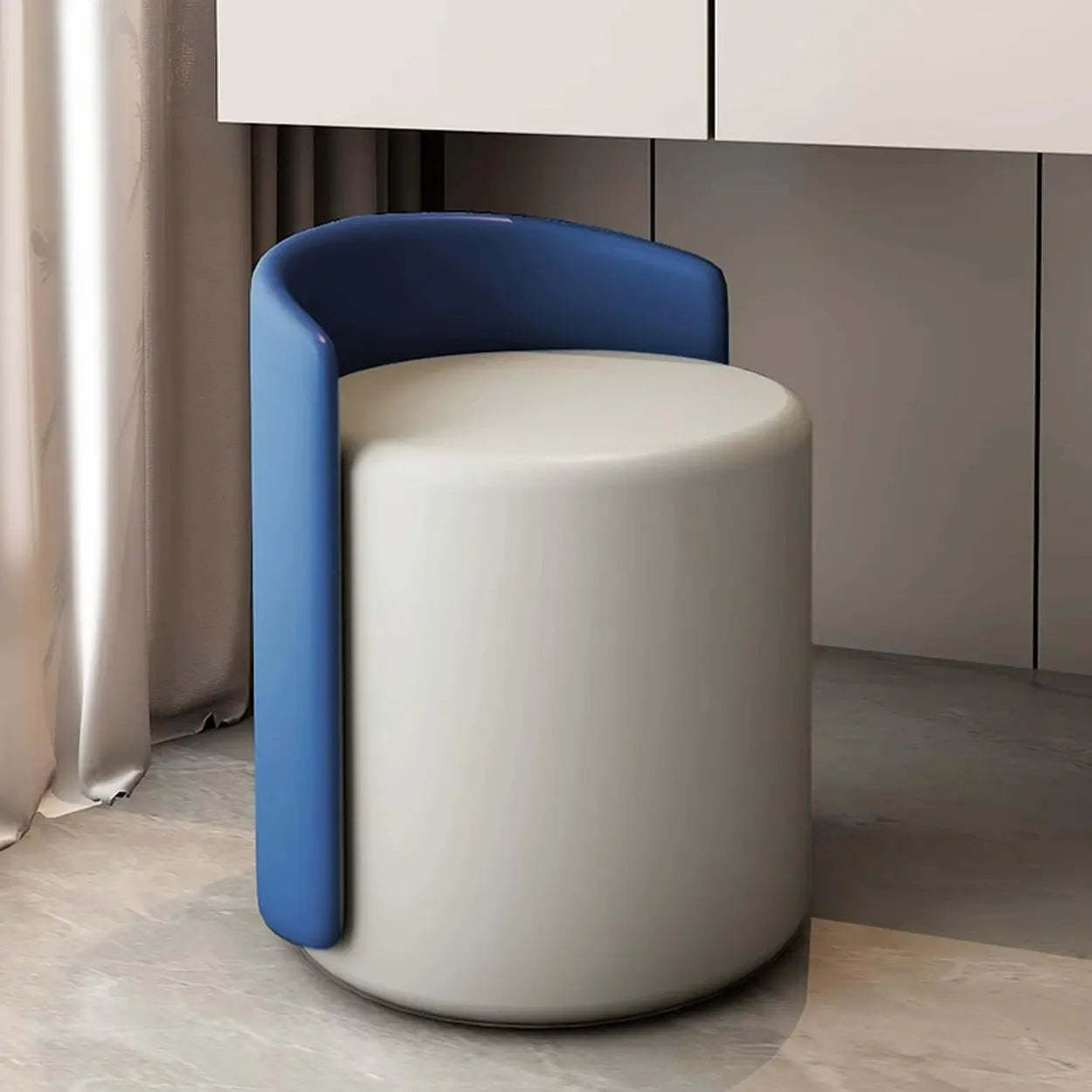 Houndstooth Cylinder Upholstered Vanity Stool — Gray Houndstooth / Leather / Swivel